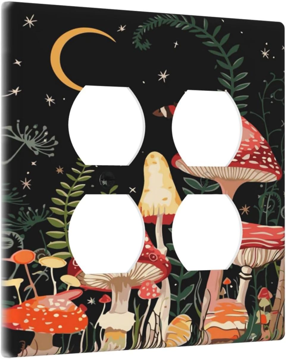 Moon Star Red Mushroom Forest Butterfly Green Plant Outlet Covers 2 Gang Double Duplex Decorative Light Switch Covers Electrical Wallplates Socket Faceplate for Kids Room Home Decor
