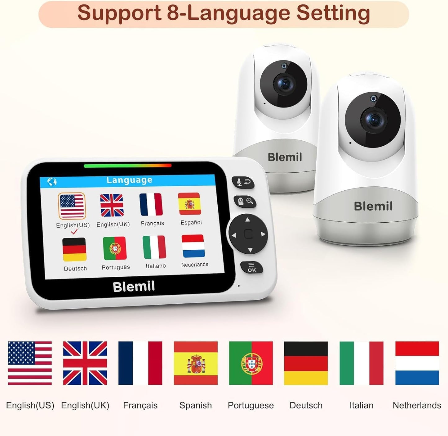 Upgrade Baby Monitor with 30-Hour Battery, 5" Large Split-Screen Video Baby Monitor with 2 Cameras and Audio, Remote Pan/Tilt/Zoom, Two-Way Talk, Room Temperature, Auto Night Vision