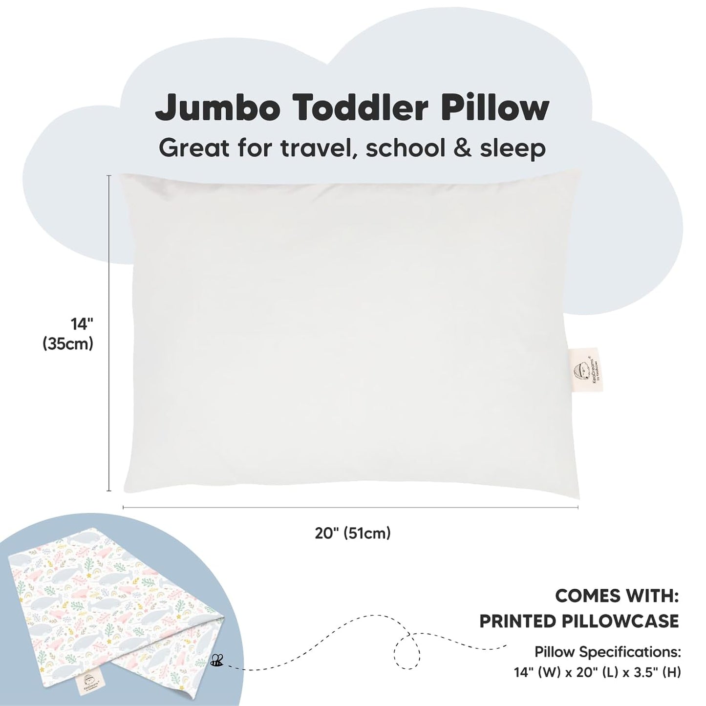 KeaBabies Toddler Pillow with Pillowcase, Jumbo 14X20 - Soft Organic Cotton Toddler Pillows for Sleeping - Machine Washable - Perfect for Travel, Toddler Bed Set (Narwhal)
