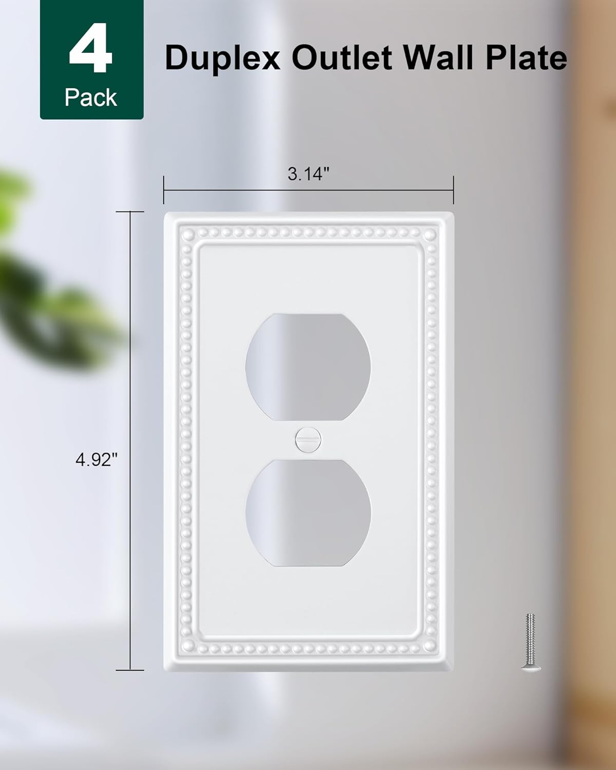 4-Pack Duplex Outlet Cover Plate, Pure White Metal Wall Plates for Electrical Outlets, 1 Gang Receptacle Light Switch Cover, Pearls Decorative Switch Plates and Outlet Covers