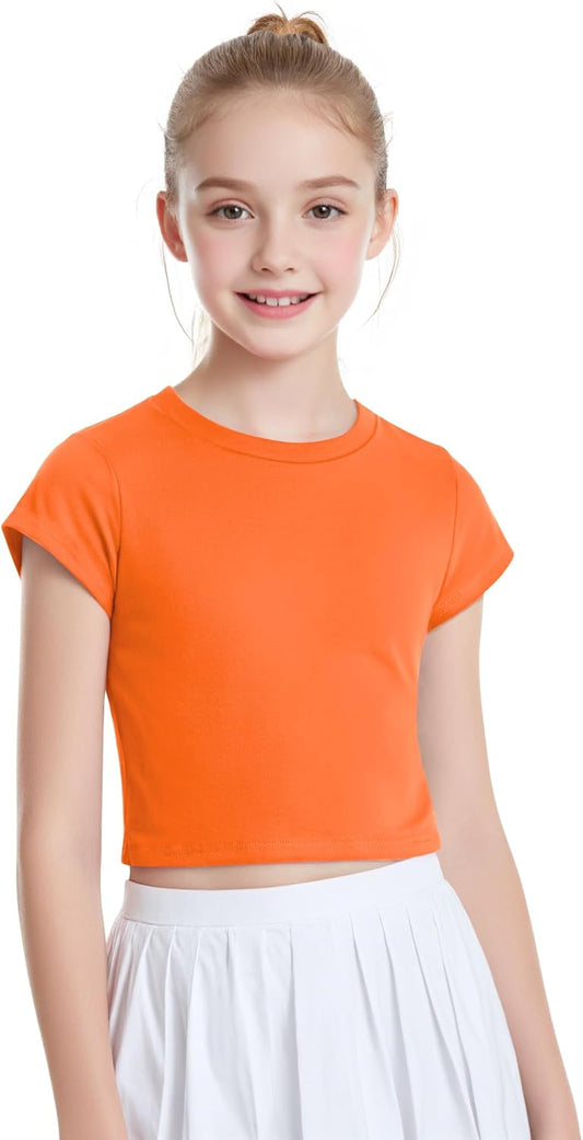 Auranso Girls Crop Tops Summer Short Sleeve Round Neck T Shirts Basic Tee for Kids