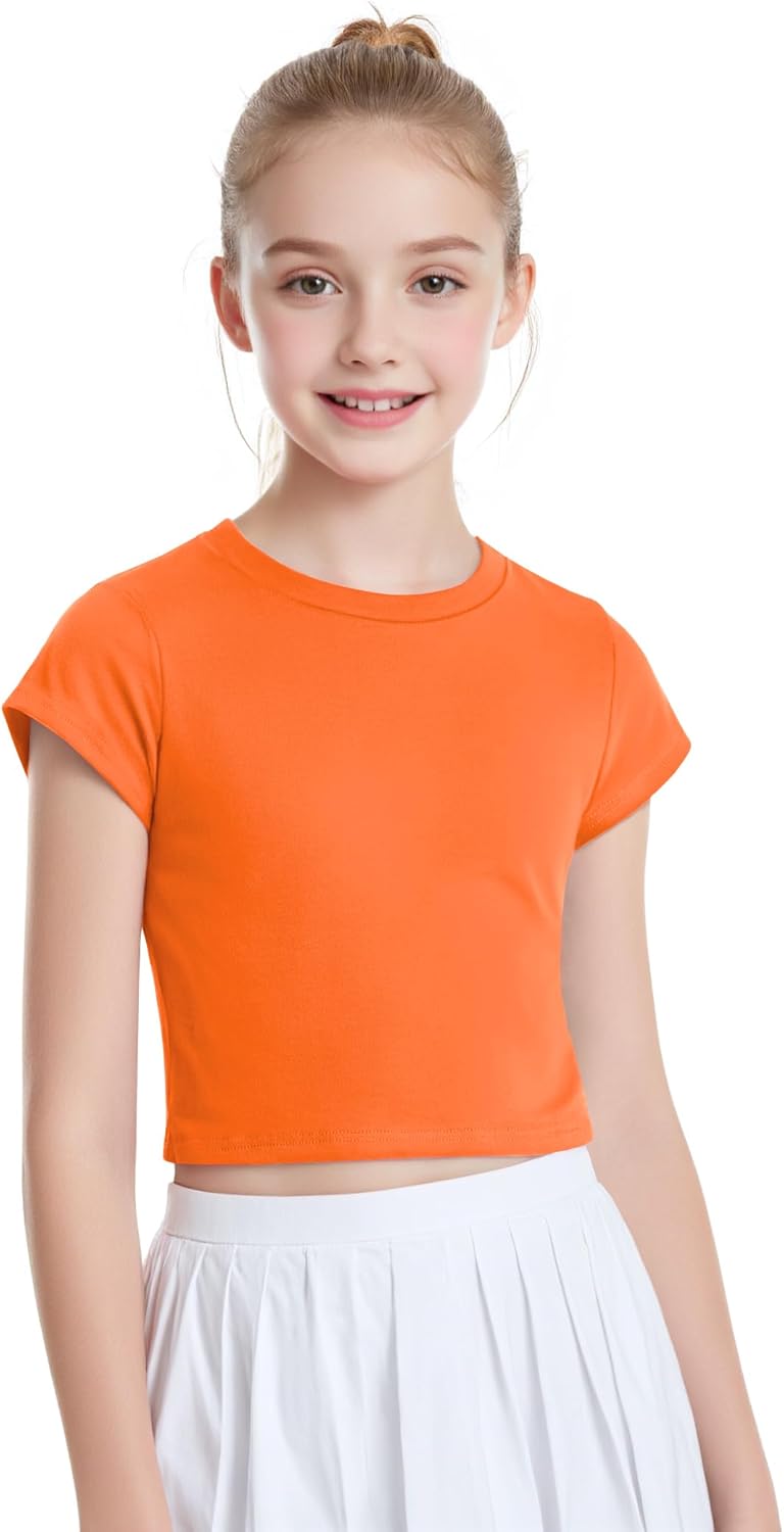 Auranso Girls Crop Tops Summer Short Sleeve Round Neck T Shirts Basic Tee for Kids