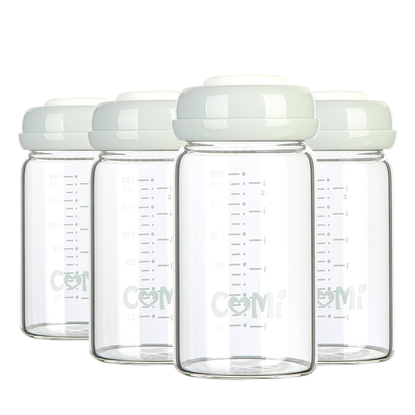 COMI Wide Neck Glass Breastmilk Collection n Storage Bottle, 4 Packs, 6oz with Screw Ring Sealing Disk; Re-markable Sealing Disc. BPA Free, Fits Breast Pumps & Nipples (4 Gray Lids)