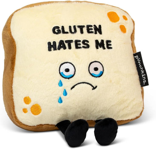 Gluten Hates Me Foodie Plushie, Funny Pun Meme Gag Gift, White Elephant, Stocking Stuffer Present, Great for Emotional Support, Fun Desk Accessory, Weighted Base for Display