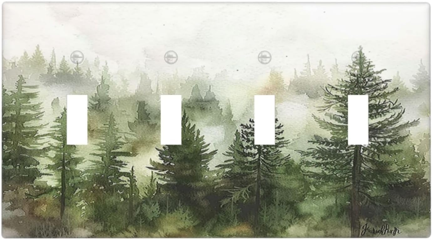 Light Switch Covers Green Forest Watercolor Painting Foggy Pine Quad Toggle Electrical Faceplate 4 Gang Wall Plate Decorative Switch Plates for Bedroom living Room Decor