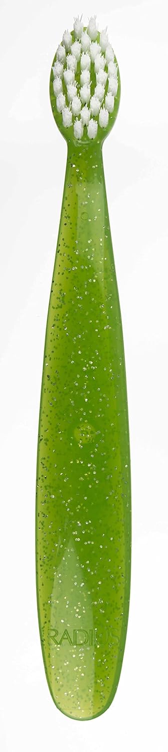 RADIUS Toddler Toothbrush and Toothpaste Bundle for Kids, 2 Pack Totz Extra Soft Brush in Blue and Green Sparkle and 1 Count Dragon Fruit Toothpaste, for Children 18 Months and Up