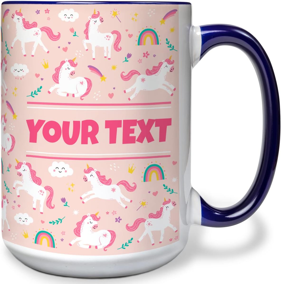 Personalized Mug for Kids - Pink Unicorn - Custom Name/Text, Ceramic Hot Chocolate/Cocoa/Coffee Cup for Girls, Birthday/Christmas/Holiday Gift - 15 oz, Navy Blue Handle