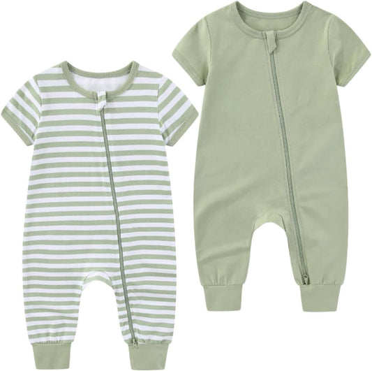 2 Pack Unisex Baby Short Sleeve Rompers 2 Way Zipper New Born One-Piece Jumpsuits 0-24Months Infant Outfits