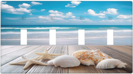 Light Switch Covers Beach Waves Brown Wood Starfish Shells Quad Toggle Electrical Faceplate 4 Gang Wall Plate Decorative Switch Plates For Bathroom Living Room Decor