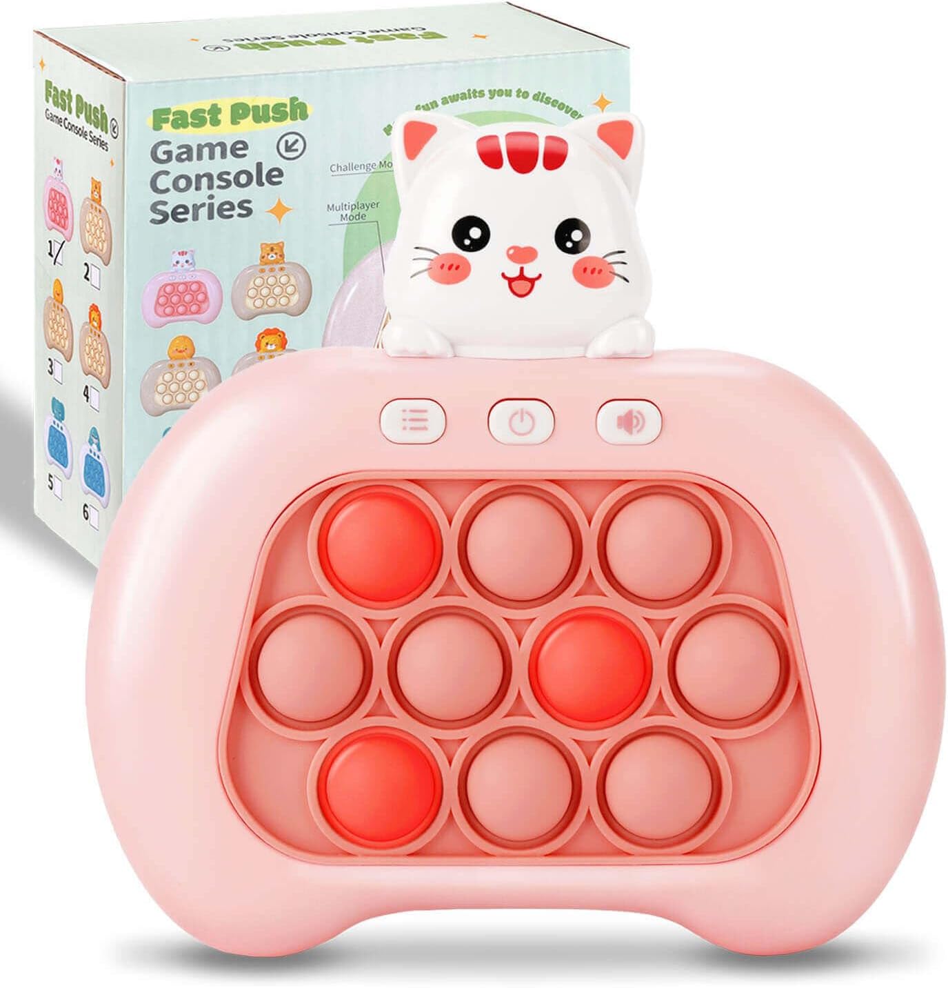 Fast Push Game Pop Fidget It Toys for Kids, Handheld Game Machine, Squeeze Poppet Sensory Electric Cute Light Up Quick Push Bubble Game, Fidgets Toy for Boys & Girls & Teens（ Pink Cat）