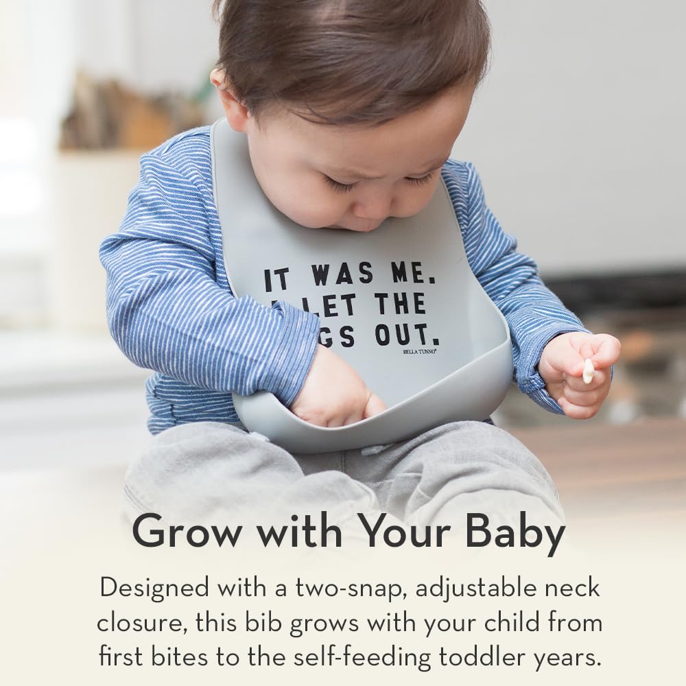 Baby Bib for Eating by Bella Tunno, Waterproof Silicone Bib with Large Food Catcher, Adjustable Fit for Babies 4-12 months & Toddlers 1-3 Years, Boys & Girls, Get In My Belly