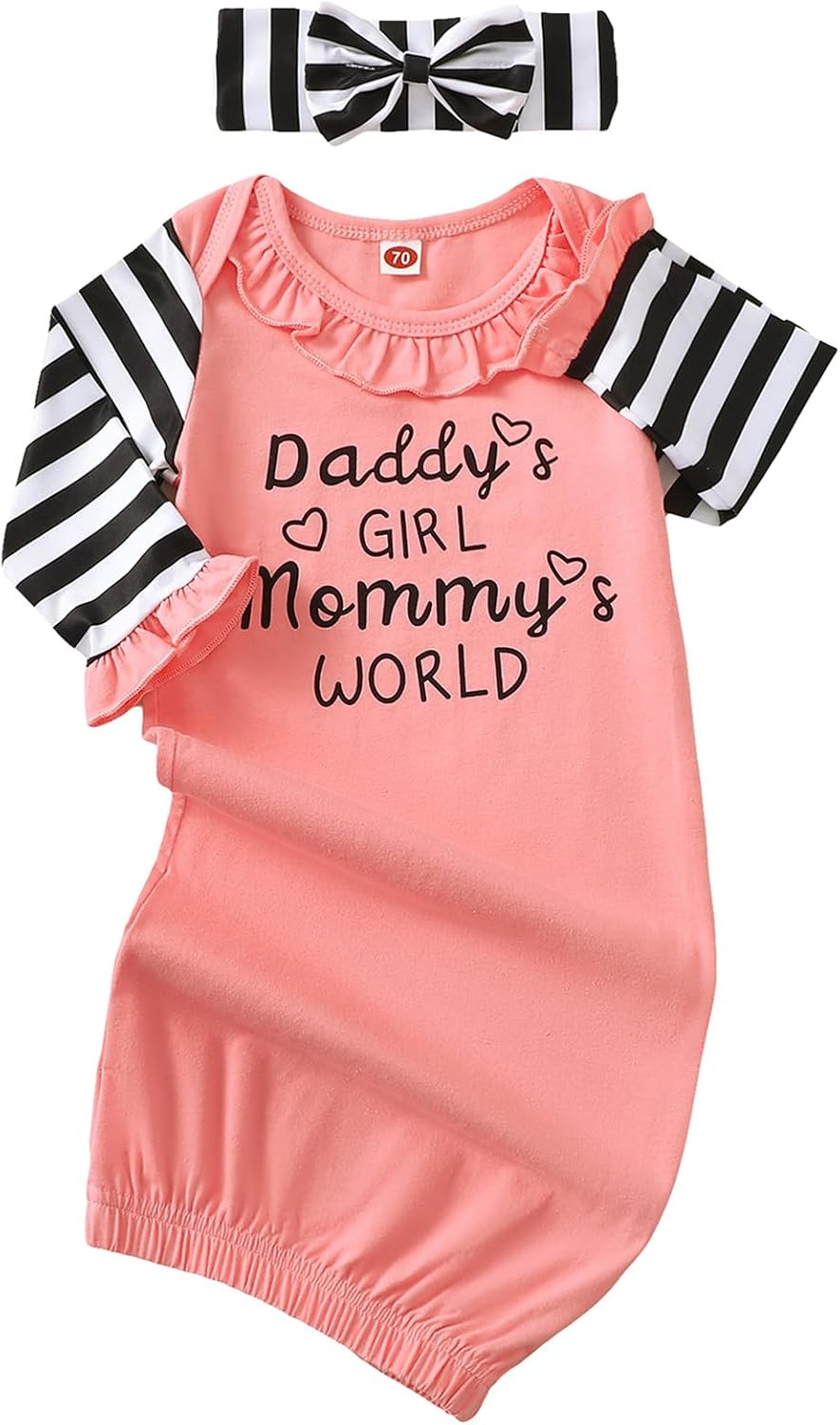 AMAWMW Newborn Baby Girl Little Sister Sleeper Gown Stripe Long Sleeve Nightgown Pajamas Gifts Stuff Essential Outfit