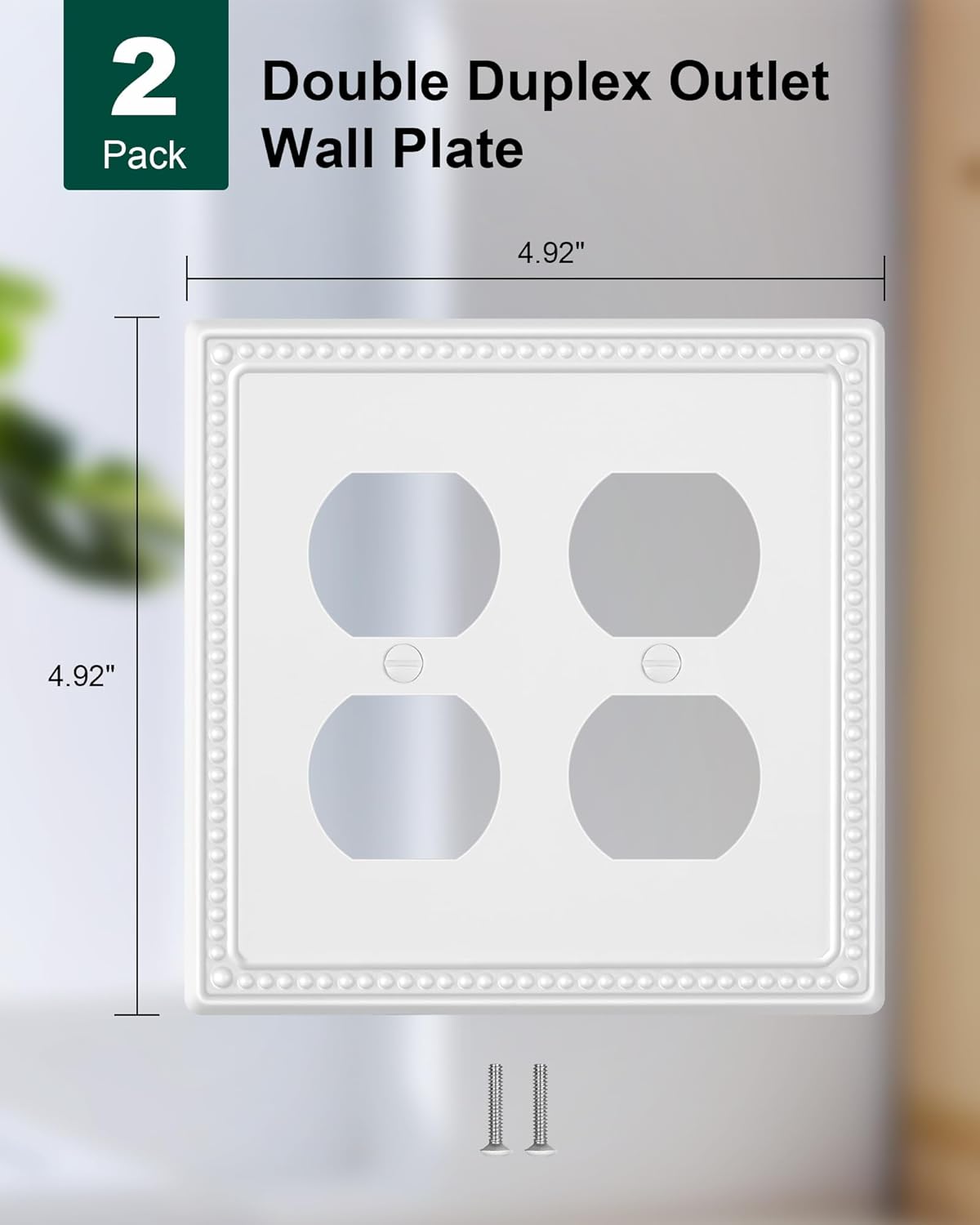 2-Pack Double Duplex Outlet Cover, Metal Switch Plates and Outlet Covers, Pure White Pearls Decorative Wall Plates for Electrical Outlets, 2 Gang Receptacle Cover, Corrosion Resistant