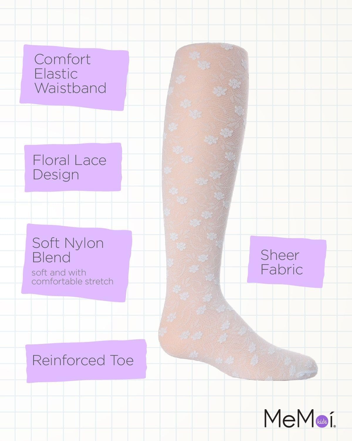 MeMoi Sweet Blossoms Sheer Tights for Girls, Ultra Soft and Lightweight Floral Lace Girls Tights - Sizes 2-14