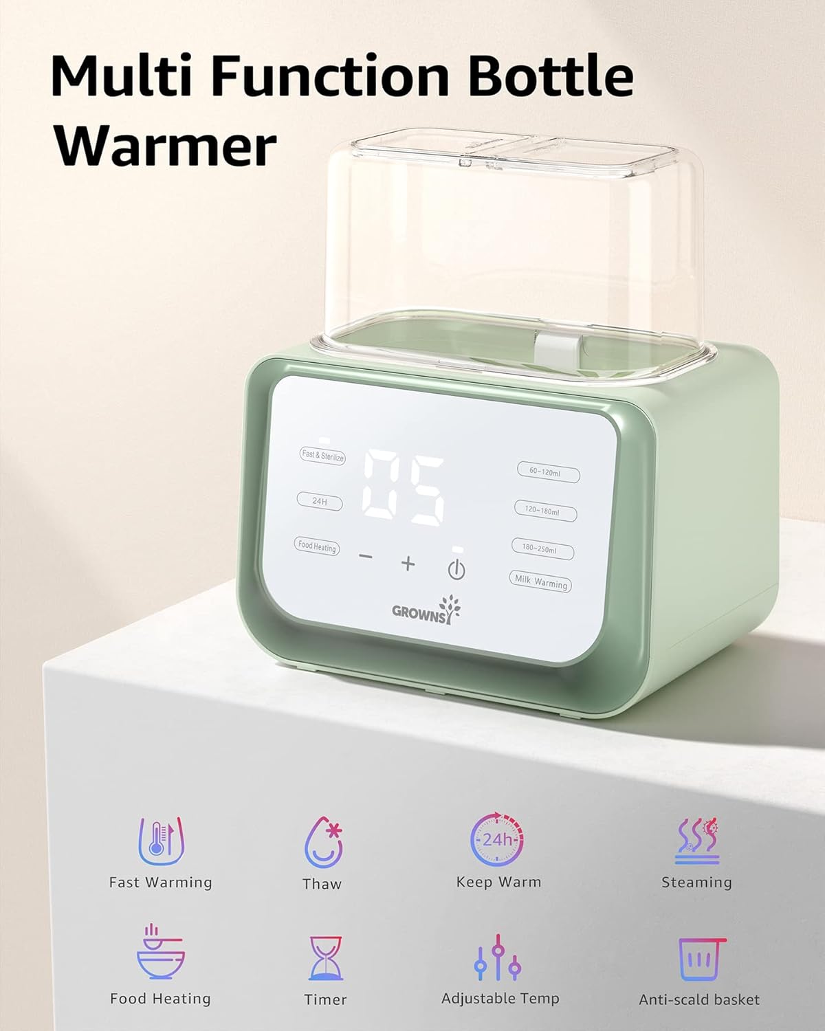 Baby Bottle Warmer, Grownsy 8-in-1 Fast Milk Warmer with Timer Breastmilk or Formula, Fits 2 Bottles, Accurate Temperature Control, with Defrost, Sterili-zing, Keep, Heat Baby Food Jars Function