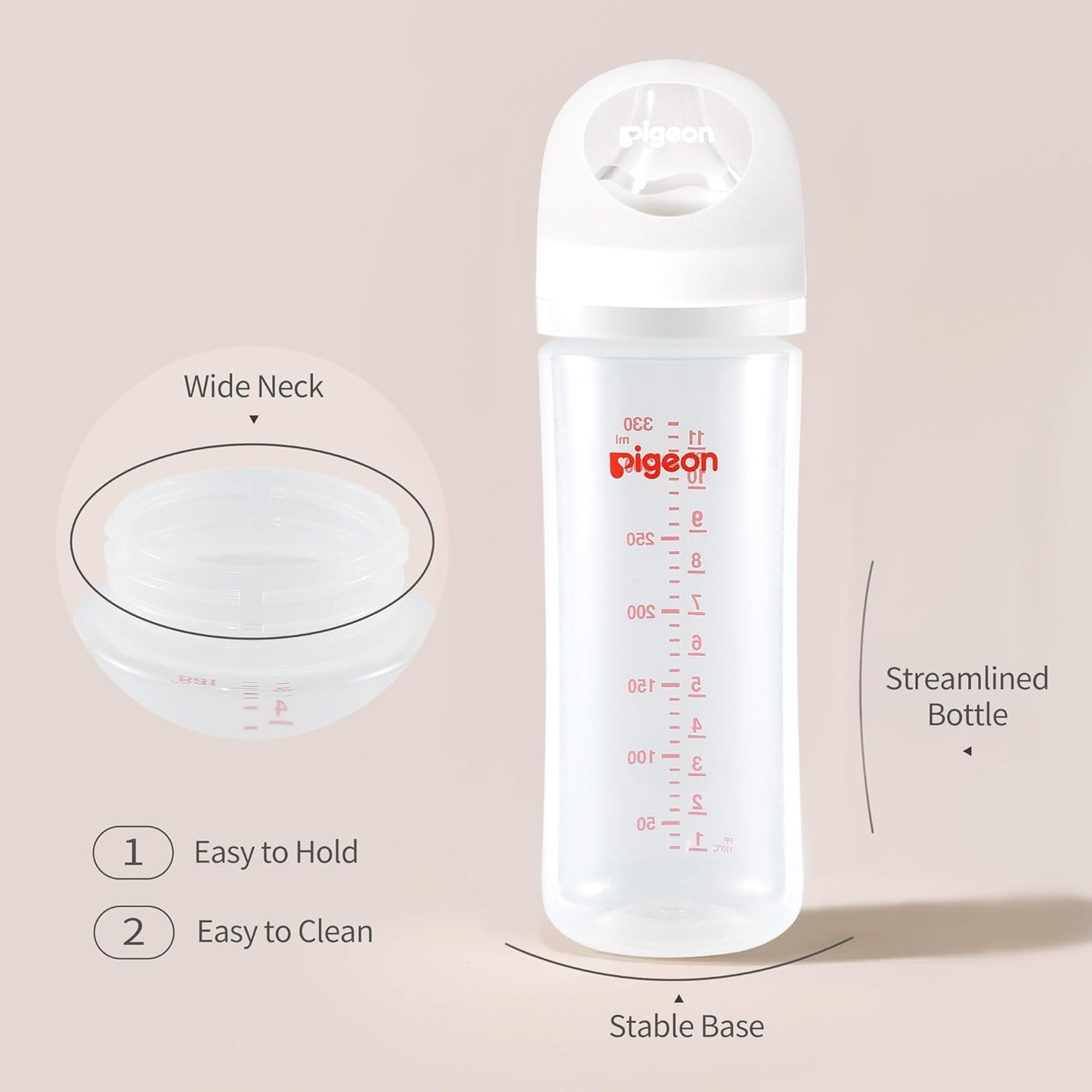 Pigeon PP Nursing Bottle Wide Neck, Anti-Colic, Streamlined Body, Natural Feel, Easy to Clean, 11.2 Oz (Pack of 3), Includes 3pcs L Nipples (6m+)