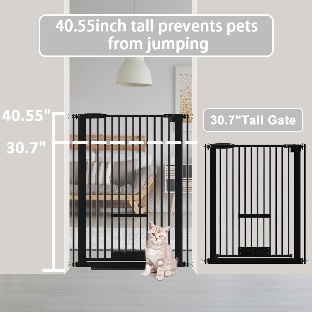 40.55" Tall 1.37" Ultra Narrow Spacing Dogs Pets Baby Gate with Door for Doorway Cat Safety Proof Indoor 57.68-73.43" Extra Wide Puppy Pressure Mounted Black Metal Hallway