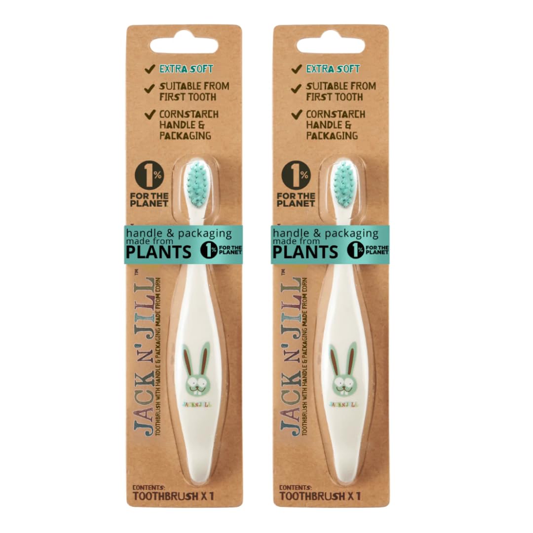 Jack N' Jill Kids Toothbrush - Extra Soft Bristle Toothbrush for Kids, Handle & Packaging Made from Plants (Corn), Ergonomic Handle for Little Hands - Bunny Baby (2 Pack)
