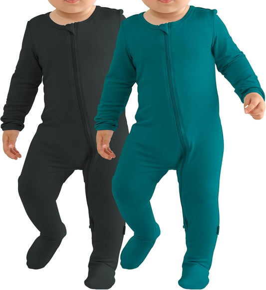 Baby Bamboo Rayon Romper Infant Footies Long Sleeve Double Zipper Outfits 2-Pack One-Piece Jumpsuits