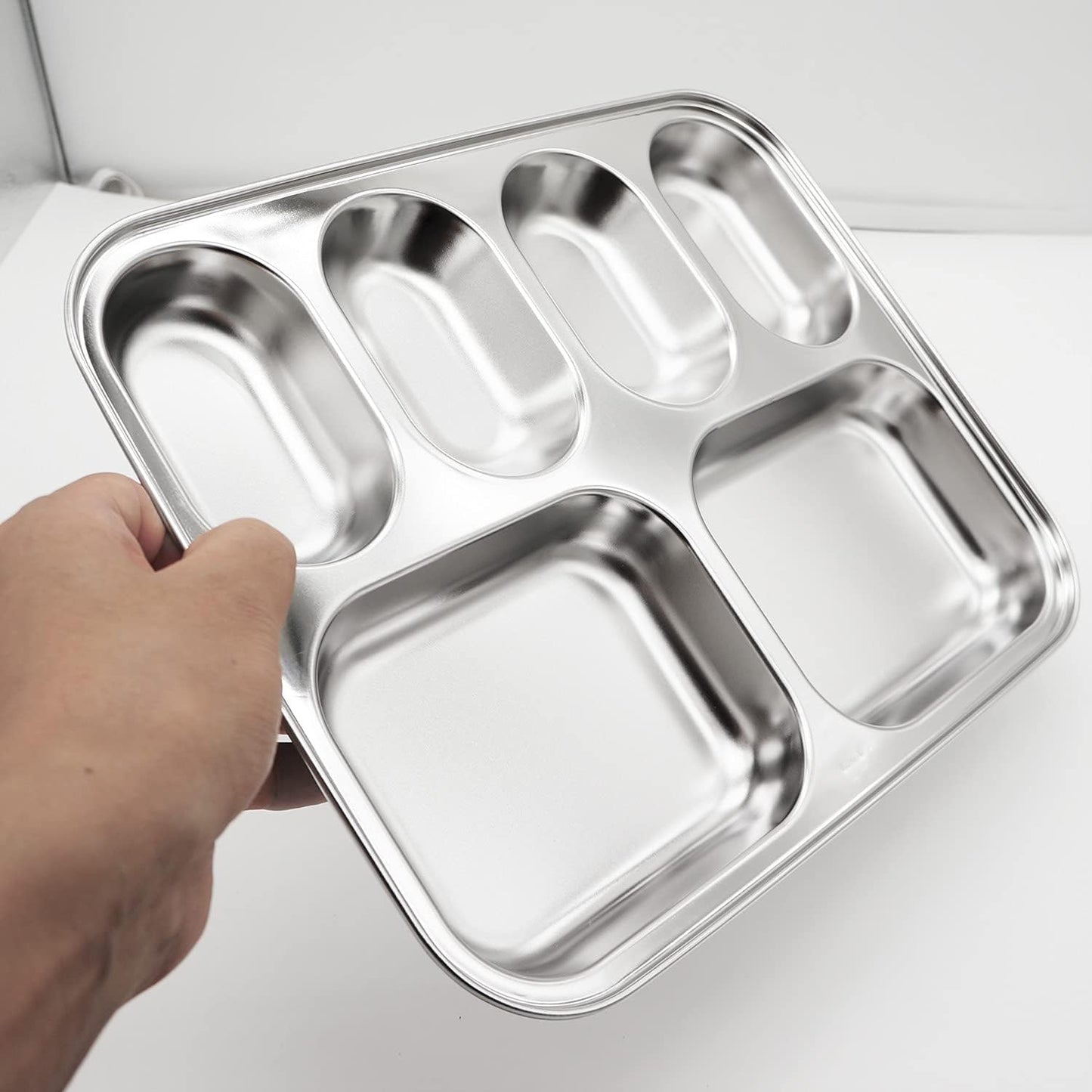 Korean Stainless Steel Divided Plates, Food Grade 304 Tray for Kids, Teens, Adults, Picky Eaters, BPA Free, 6 Sections, Diet Portion Control, Serving Platter, Dinner Snack, Set of 2