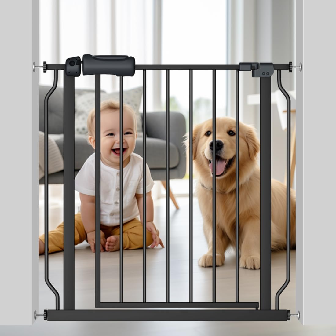 Fairy Baby Walk Through Black Baby Gate 29-34 Inch Wide, Pressure Mounted Safety Gate with Door No Drill, Tension Metal Gate for Dog and Toddler
