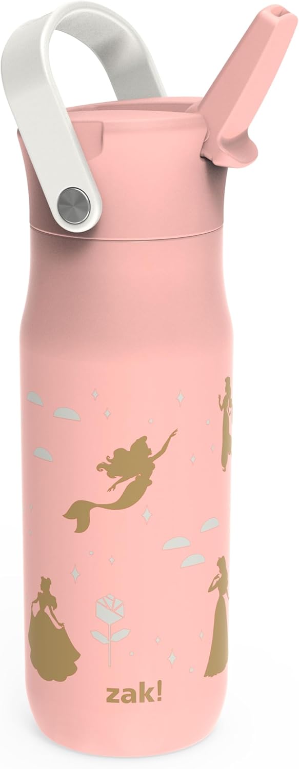 Zak Designs Harmony Disney Princess Water Bottle for Travel or At Home, 20oz Stainless Steel with Straw Lid and Vacuum Insulation (Ariel, Aurora, Belle, Cinderella, Jasmine, Moana, Rapunzel, Tiana)