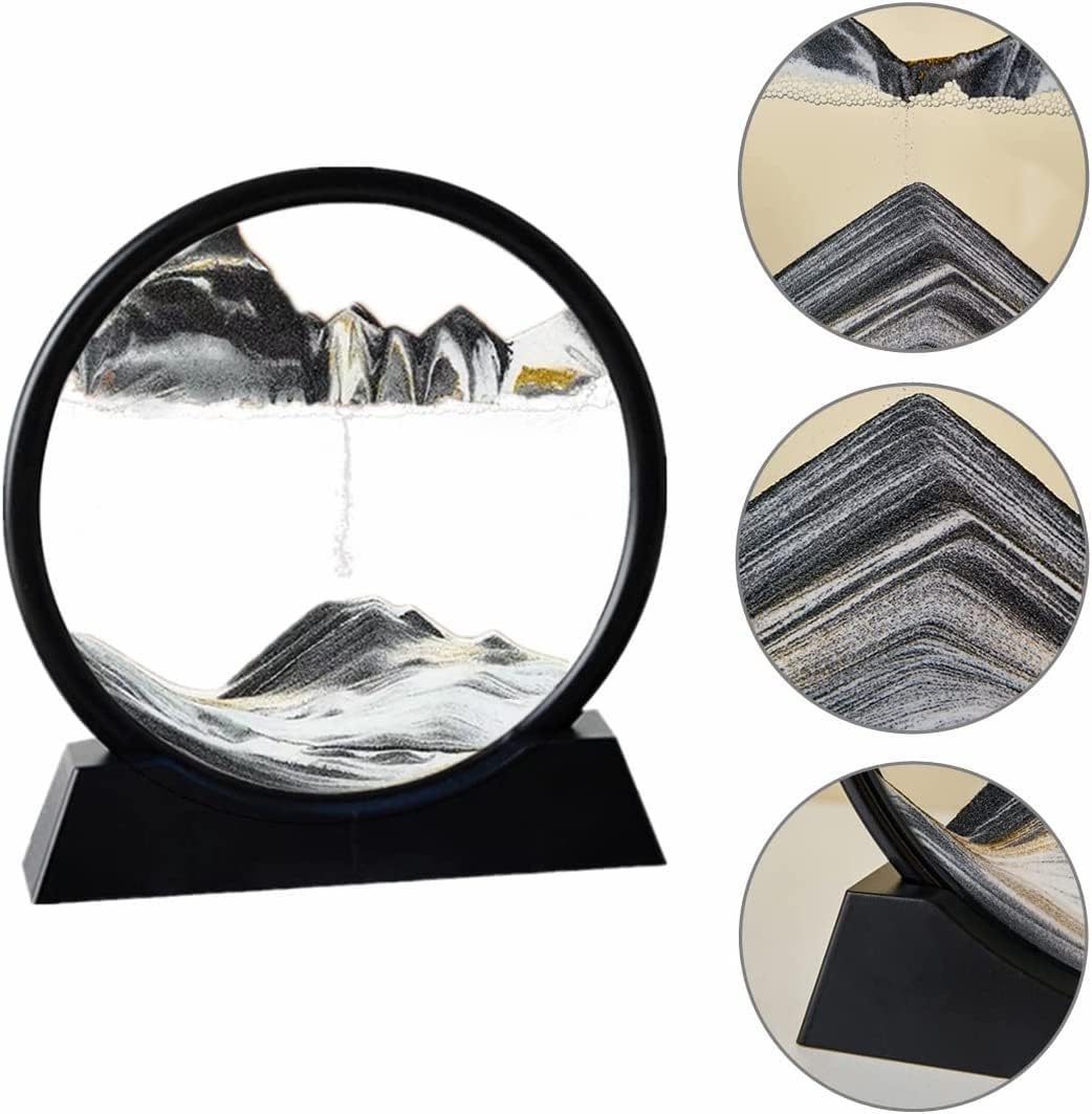 Moving Sand Art Picture in Motion Round Glass 3D Deep Sea Landscape, Dynamic Sand Art Sandscapes, Sensory Relaxing Desktop Table Decor Desk Decor Art Desk (7 inch, Black)