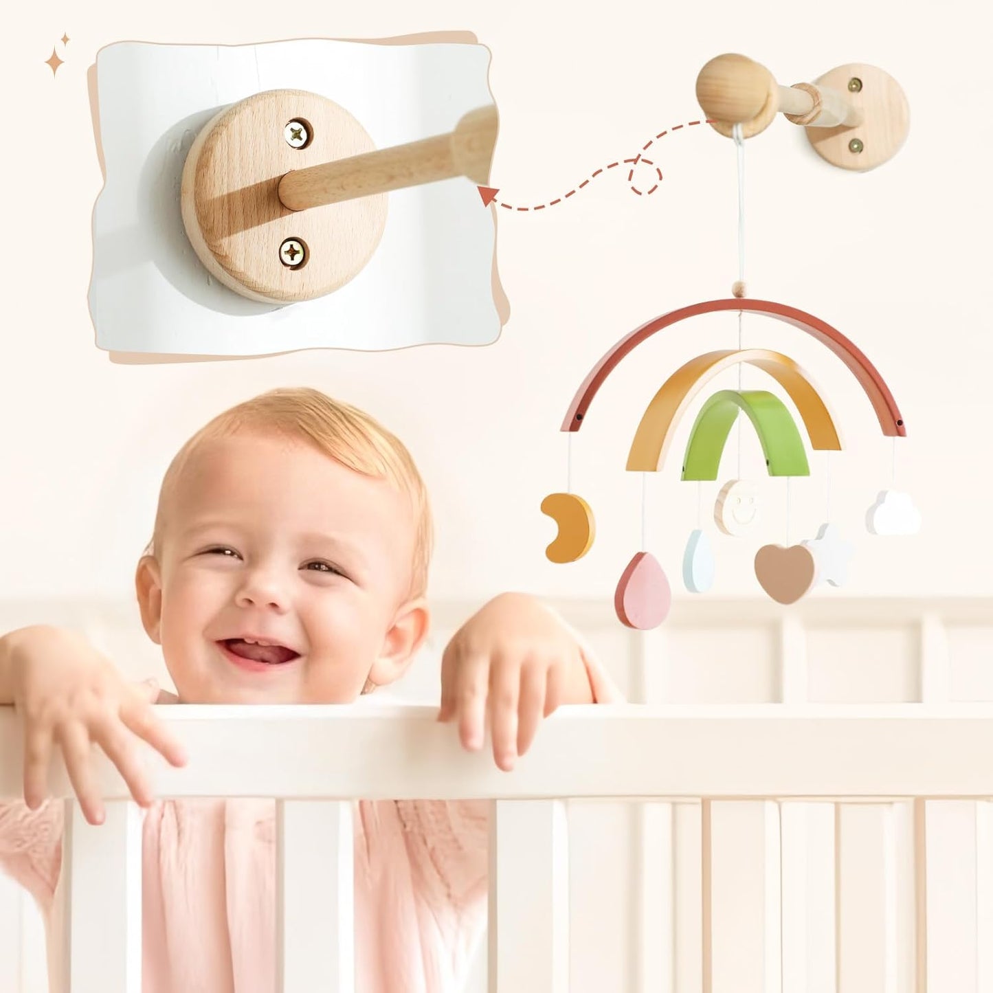 Wooden Crib Mobile Arm | Baby Mobile Hanger | Wooden Mount Wall Holder | Nursery Decor for Sturdy Mobile for Newborn Boys and Girls