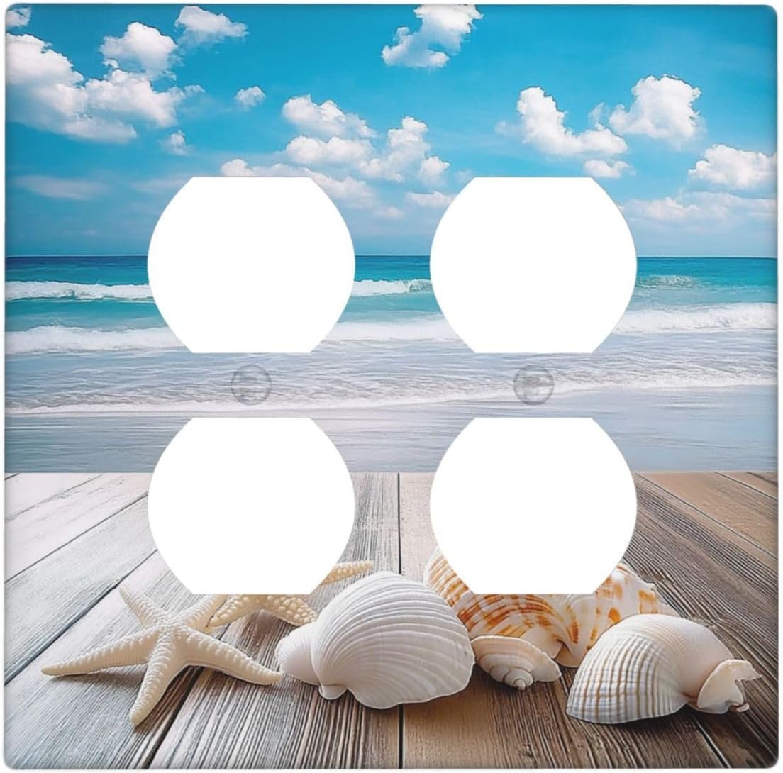 Outlet Covers Beach Waves Brown Wood Starfish Shells 2 Gang Double Duplex Decorative Light Switch Covers Electrical Wallplates Socket Faceplate For Bathroom Living Room Decor