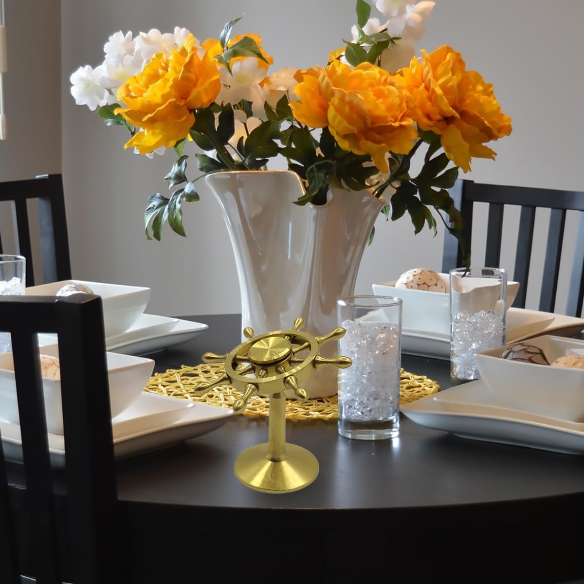 Brass Spinner Ship Wheel, Kinetic Desk Toy Spin with Stand, High Speed Bearing Metal Hand Spinners Anxiety Finger Tabletop Toys Gyro （Small）