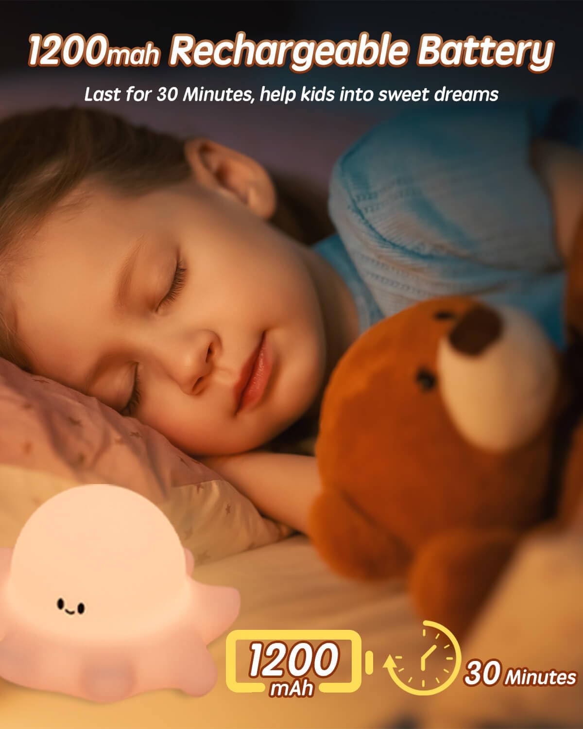Cute Octopus Rechargeable Silicone Night Light for Kids, Dimmable Touch Control Nightlight with Timer, Portable USB Baby Night Lamp for Nursery, Bedroom