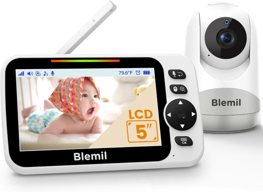Baby Monitor with 30-Hour Battery, 5" Large Split-Screen Video Baby Monitor with Camera and Audio, 3500mAh Battery, Remote Pan/Tilt/Zoom Camera, Two-Way Talk, Night Vision, Lullabies, No WiFi