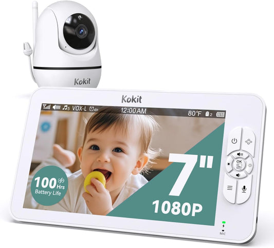 7" 1080P Full HD Video Baby Monitor No WiFi,100 Hrs 5000mAh Battery Runs 4 Days,4X Zoom,Remote 355° Pan-Tilt,2-Way Talk with Temp Alert/Lullabies/VOX
