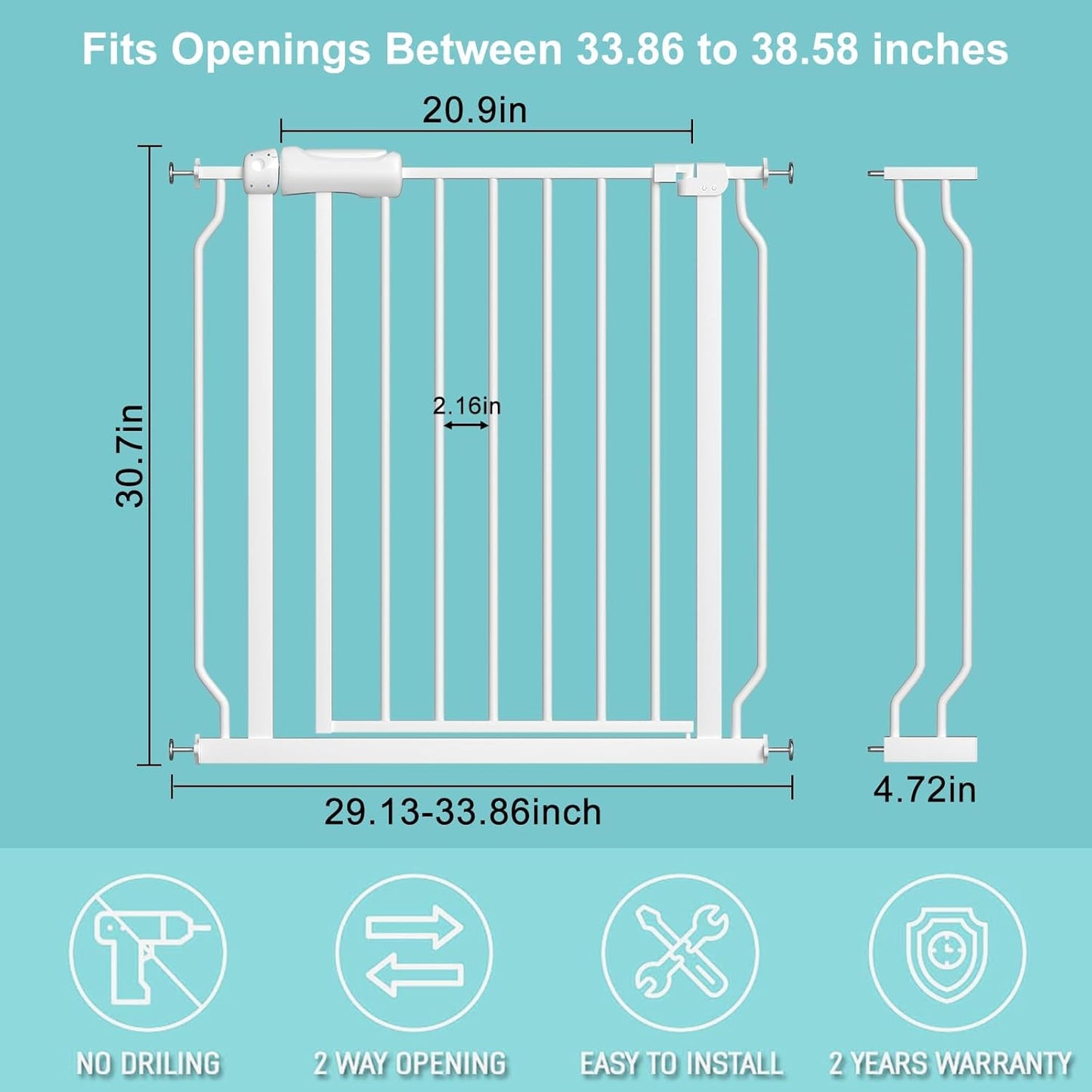 WAOWAO Baby Gate 33.86-38.55" Extra Wide Pressure Mounted Walk Through Swing Auto Close Safety White Metal Toddler Kids Child Dog Pet Puppy for Stairs,Doorways,Kitchen