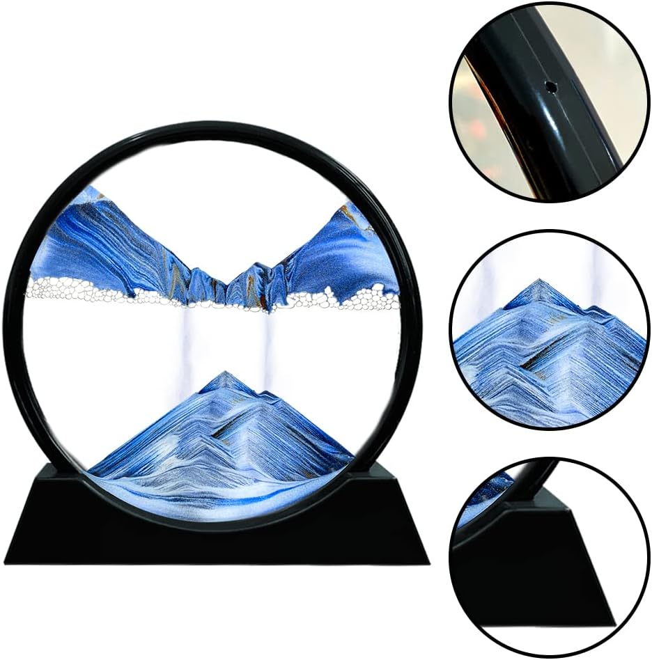Aoderun Moving Sand Art Picture Round Glass 3D Deep Sea Sandscape in Motion Display Flowing Sand Frame Relaxing Desktop Home Office Work Decor (12", Blue)