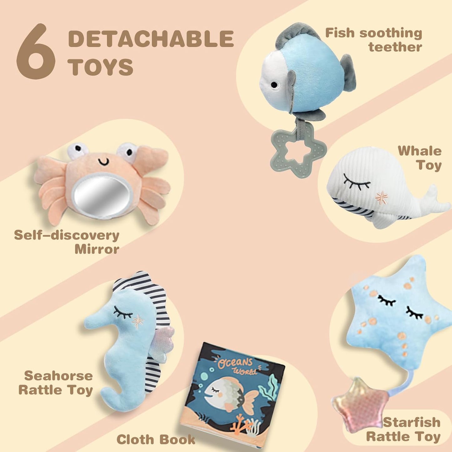 Baby Play Gym Mat, Oversize Tummy Time Activity Mat for Babies 0-6 Months, Shells Shaped Baby Play Mat with 6 Detachable Toys, Baby Mat for Floor Sensory Exploration Motor Skill Development (Blue)