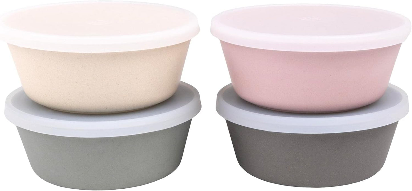 WeeSprout Bamboo Kids Bowls with Lids, Set of Four 10 oz Kid-Sized Dinnerware, Cereal, Leftovers & Snack Bowl, Dishwasher Safe (Pink, Green, Gray, & Beige)