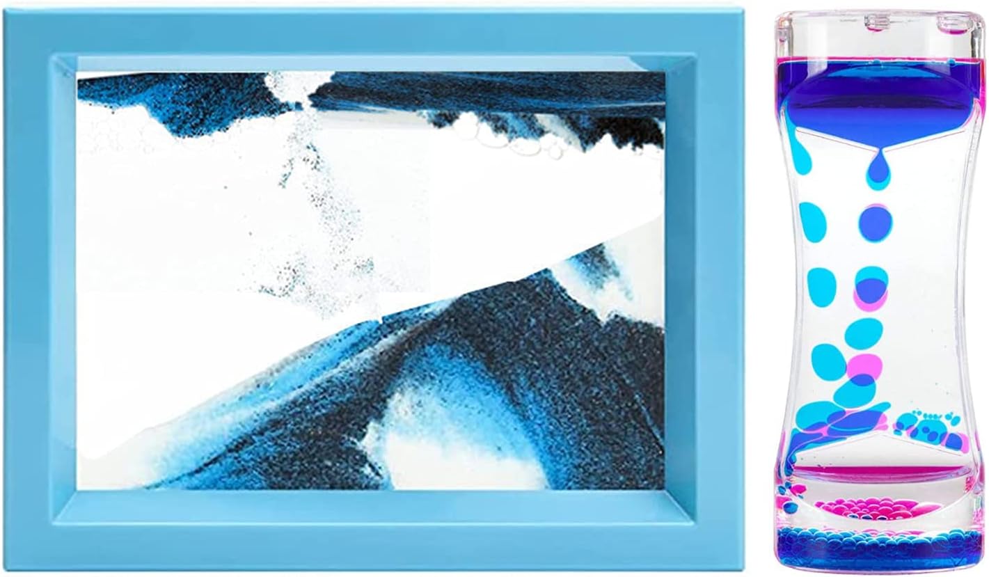 Moving Sand Art Picture and Liquid Motion Bubbler for Sensory Play Calm Stress Relief Fidget ADHD Anxiety Autism Activity for Children Kid Adult Home Office Desk Decor Birthday, Blue