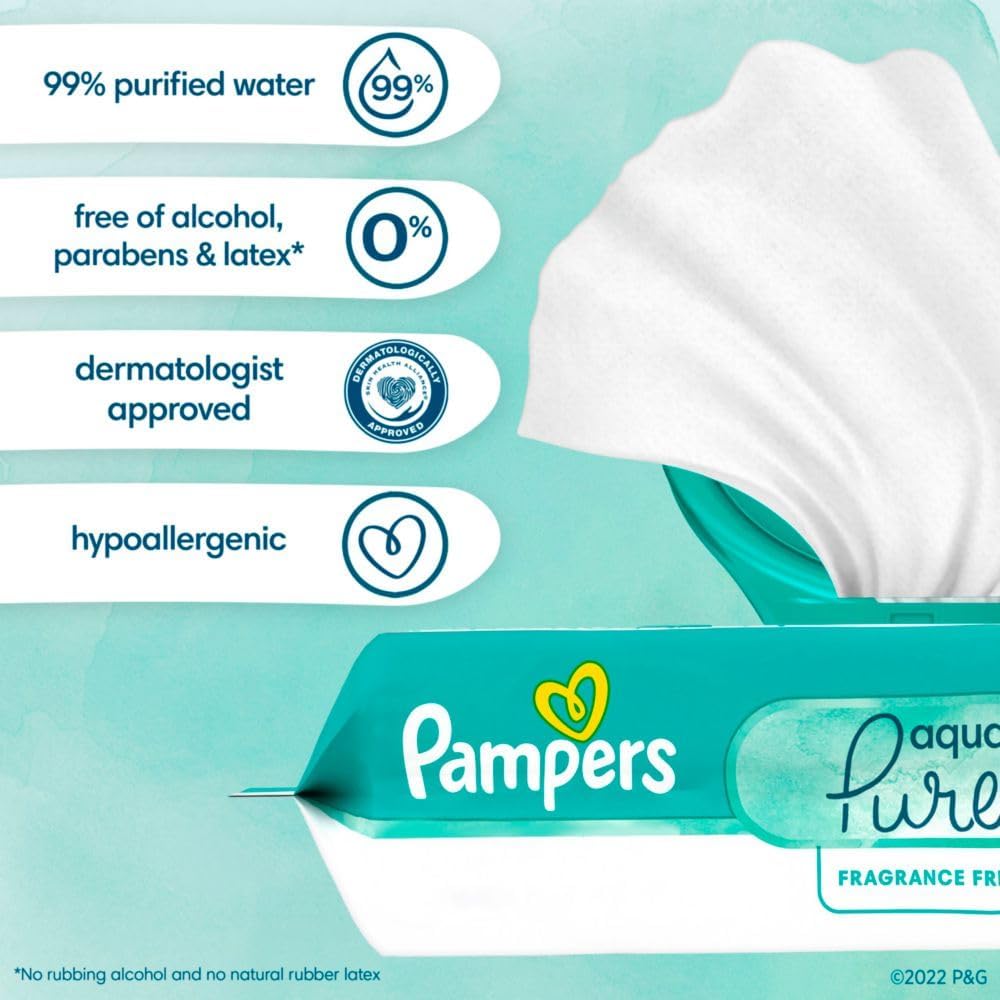 Pampers Baby Wipes Aqua Pure, 99% Water Based Wipes, Hypoallergenic and Unscented Infant Wipe, 448 Total (8 Flip-Top Packs)