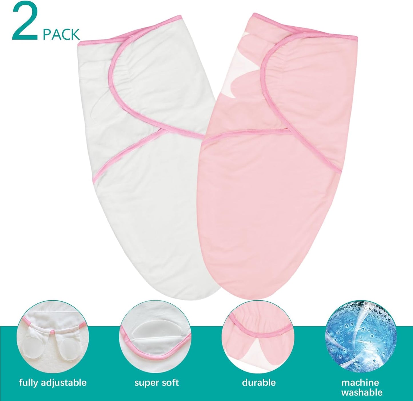 Biloban Baby Swaddles 0-3 Months for Girls, Cotton Swaddle Blanket, Newborn Essentials, Pink & White, 2 Pack