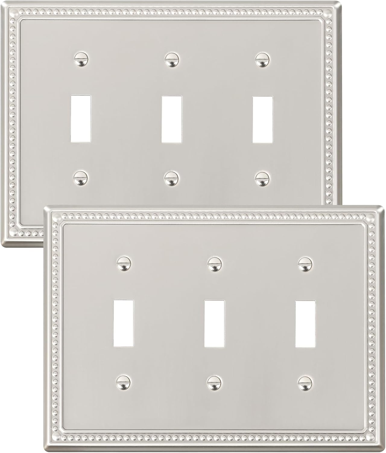 2-Pack Triple Toggle Light Switch Cover Plate, Pearls Decorative Switch Plate Covers, Brushed Nickel 3 Gang Metal Wall Plate