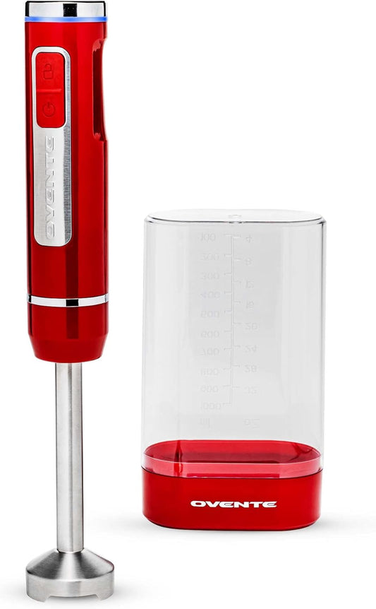 OVENTE Cordless Immersion Hand Blender, Rechargeable Handheld Portable Stick Mixer with 8 Mixing Speed Option, One-Touch Control and Stainless Steel Blades for Smoothies, Shakes or Soups, Red HR781R