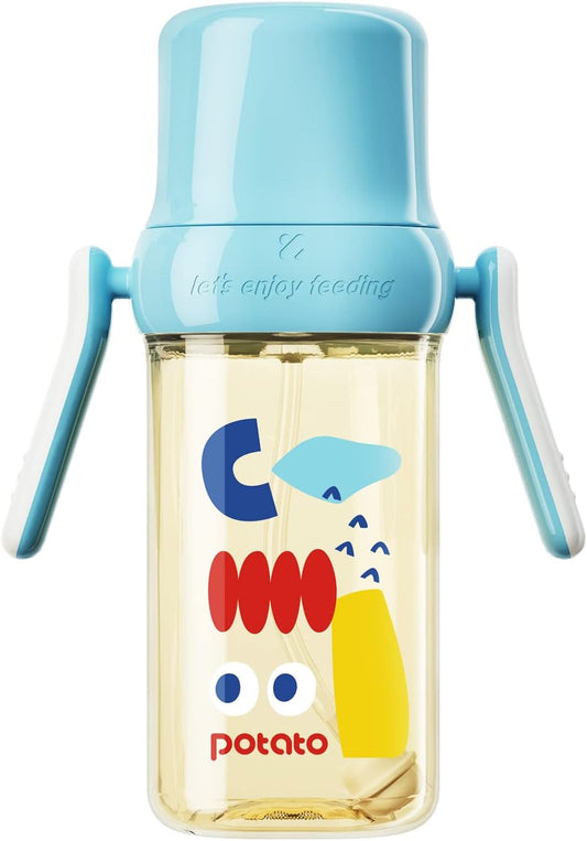 POTATO Sippy Cup For Toddlers with Straw Spill Proof, PPSU Learner Cup with Handle for Baby 1 year old, Water Bottle with weighted ball, 10 Ounce Blue