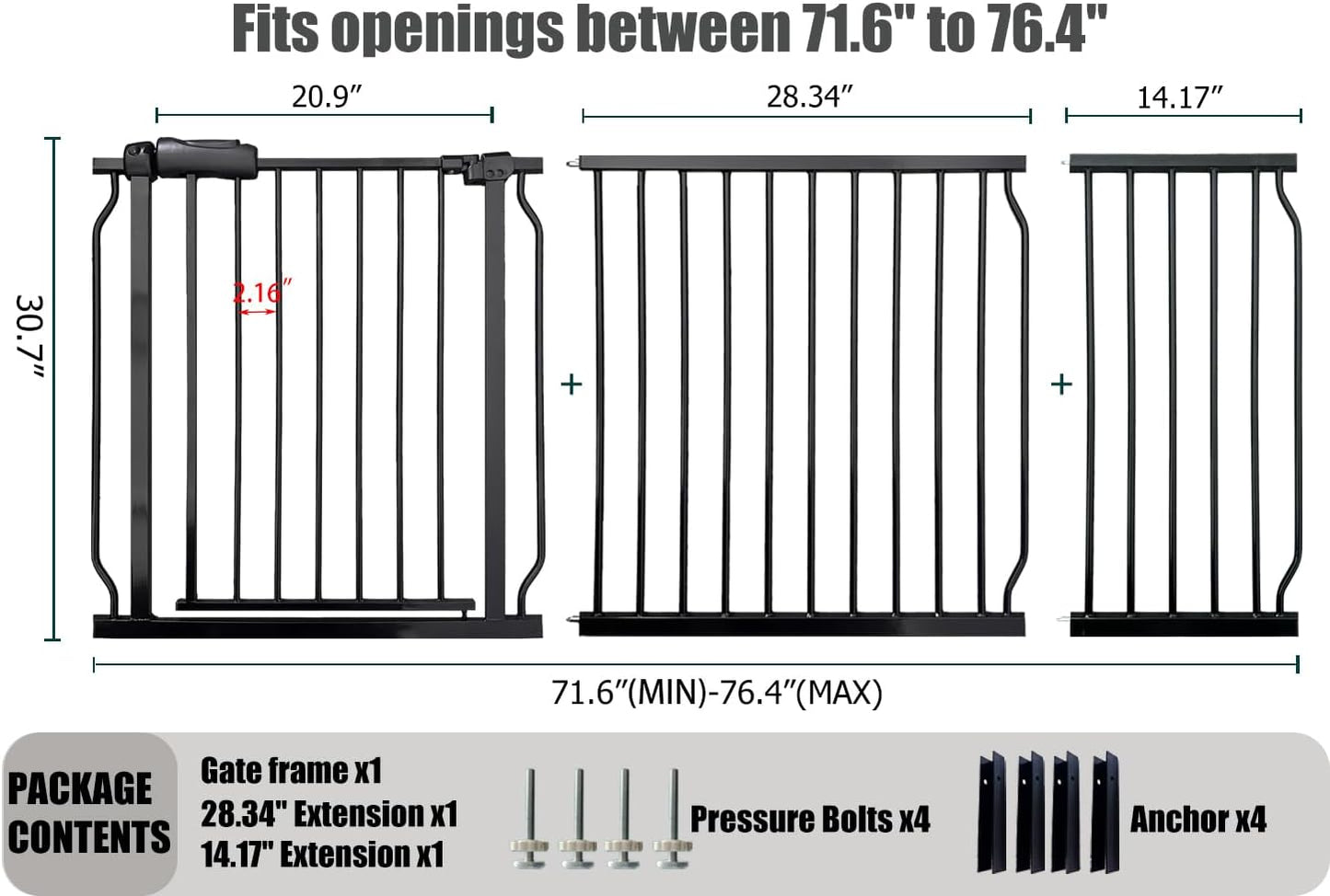 Extra Wide Baby Gates - 71.6-76.4 Inch, Black Metal Pressure Mounted Child & Pet Gates for Stairs & Doorways
