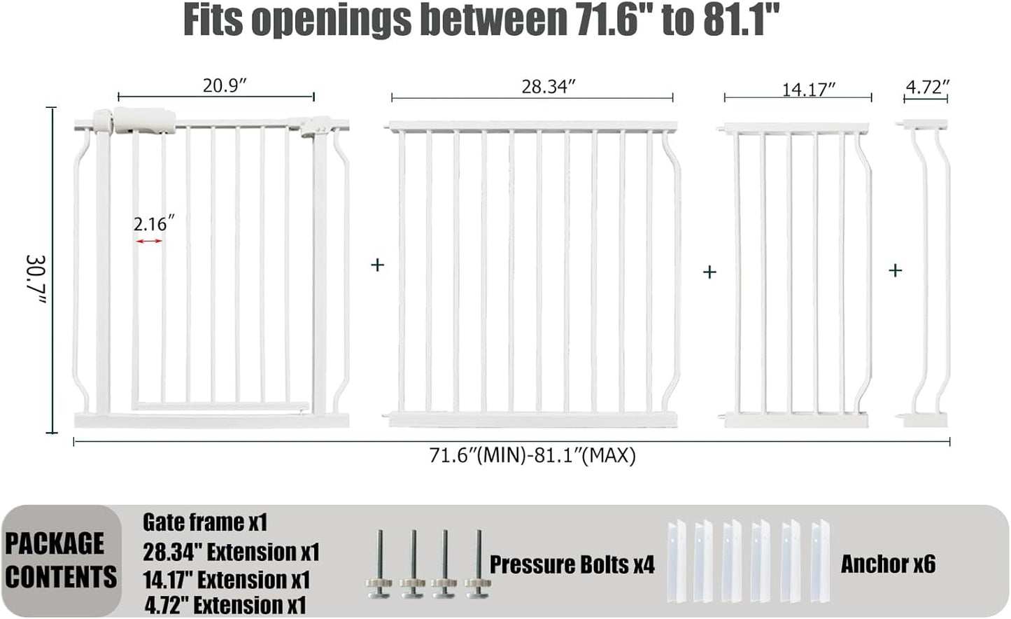 Heavy Duty Baby & Dog Safety Gate - Extra Wide 76.4-81.1 Inch, White Metal, Tension Mounted No Drilling Pet Gate for Stairs & Doorways, 30 Inch Tall