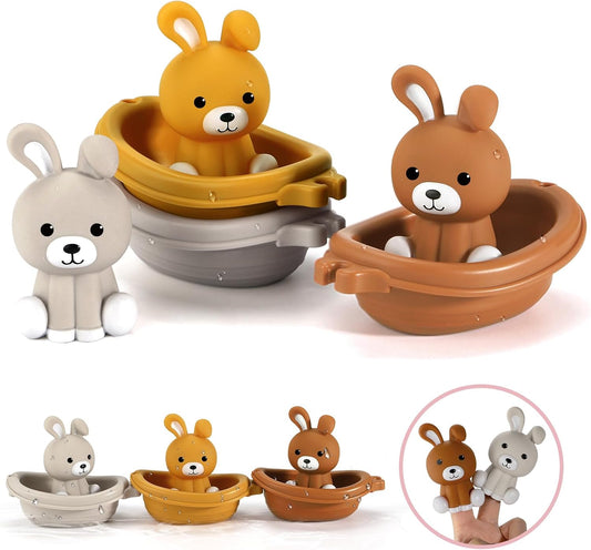 Nueplay Bathtub Toys for Toddlers 18M+，Baby Bath Toys with Animal Finger Puppets，Stackable Boat Train，Easter Bunny Gifts for Baby & Toddlers Set of 6