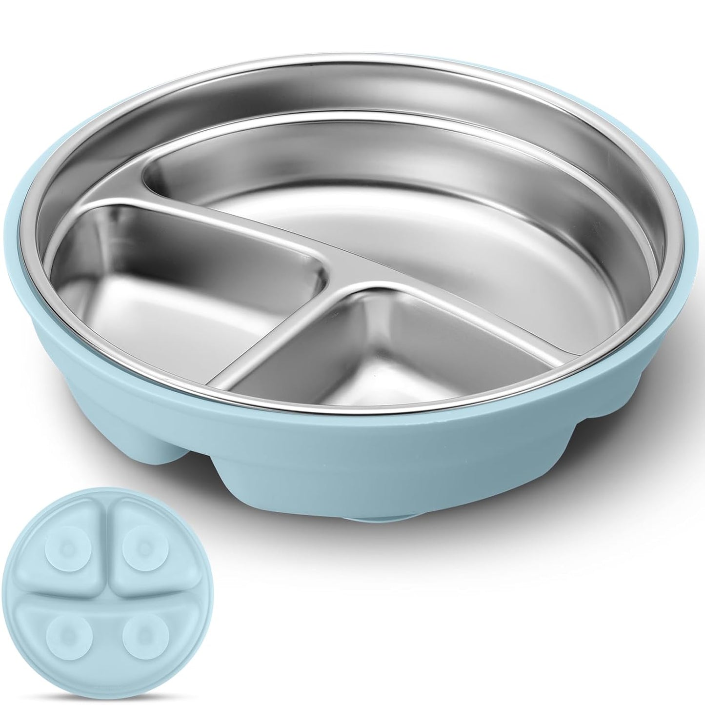 Nuogo 1 Pcs Stainless Steel Baby Suction Plates with Removable Silicone Shell 2-in-1 Metal Toddler Bowl Divided for Picky Eaters Kids Feeding Led Weaning Supplies, Dishwasher Safe (Light Blue)