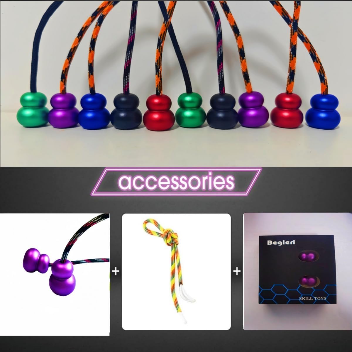 Begleri Fidget Beads, Aluminum Alloy- Practicing EDC Knuckle Finger Skill, Stress Relief Toy for Adult Relieve Anxiety Worry/with Replaceable Rope (Purple)