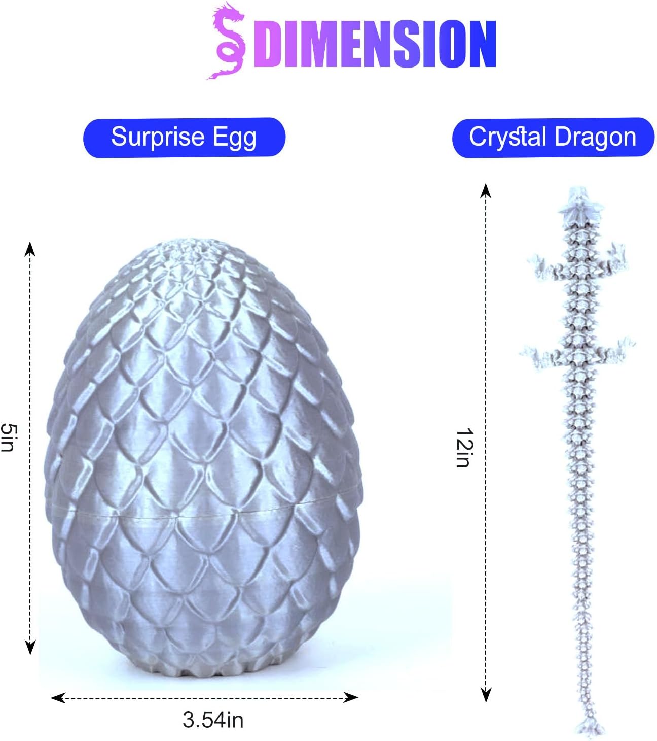 12inch Dragon Egg, Year of The Dragon, 3D Printed Dragon, Executive Desk Toys, Articulated Dragon, Fidget Toys Gifts for Graduates Students Teachers Adults (Silver)