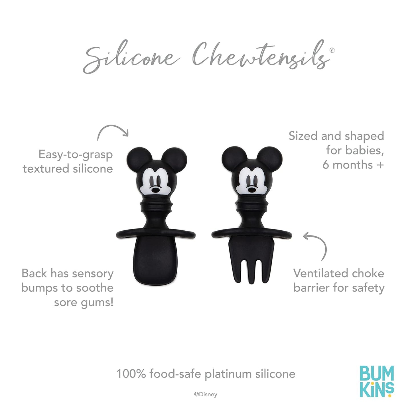 Bumkins Disney Baby Utensils Set, Chewtensils Silicone Spoons for Dipping, Self-Feeding, Baby Led Weaning, Trainer Learning First Stage Stage Eating, Fork and Spoon, Babies 6 Months, Mickey Mouse